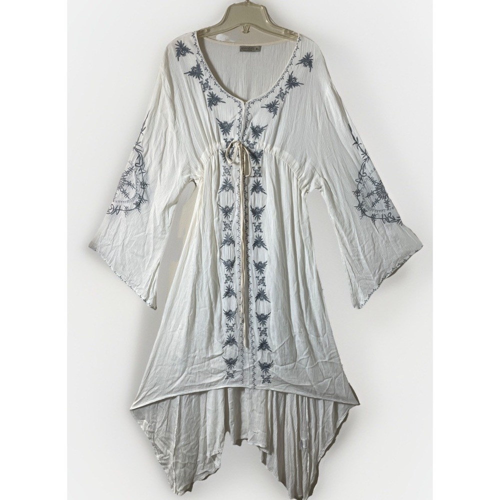 Anandas Collection White Embroidered Boho Peasant Crepe Midi Dress Women's XL
